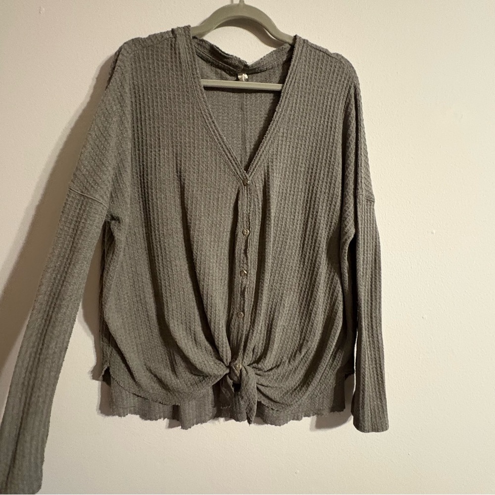 Wishlist Button Down Waffle Knit Tie Front Casual Stretch Top M/L